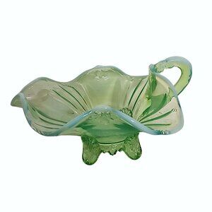 Dugan Green Opalescent Glass Footed Nappy Dish With Handle